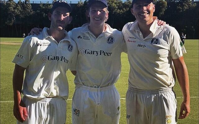 From left: Maccabi-AJAX First XI players Nick Gross, Amir Meyerowitz and Josh Jones. From left: Maccabi-AJAX First XI players Nick Gross, Amir Meyerowitz and Josh Jones.