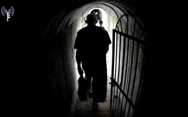 Hamas's Gaza Strip leader Yahya Sinwar in a tunnel in southern Gaza's Khan Younis, October 10, 2023 (The Times of Israel: IDF Spokesman) Hamas's Gaza Strip leader Yahya Sinwar in a tunnel in southern Gaza's Khan Younis, October 10, 2023 (The Times of Israel: IDF Spokesman)