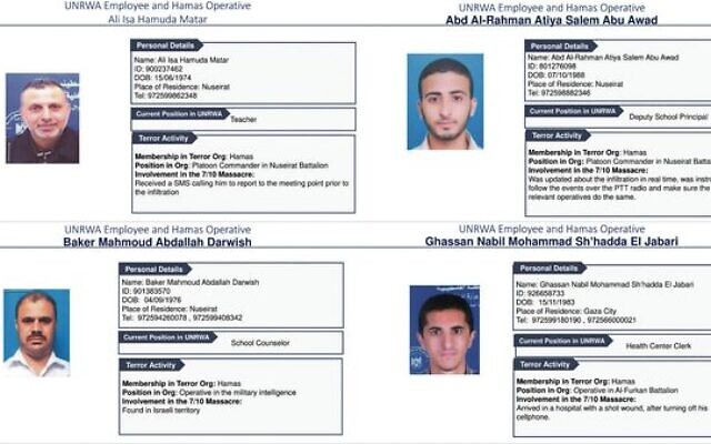 An Israeli graphic of the UNRWA staffers it says directly participated in October 7. An Israeli graphic of the UNRWA staffers it says directly participated in October 7.