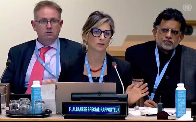 UN Special Rapporteur Francesca Albanese addresses the UN, October 2022. (The Times of Israel: Screenshot/ YouTube, used in accordance with Clause 27a of the Copyright Law) UN Special Rapporteur Francesca Albanese addresses the UN, October 2022. (The Times of Israel: Screenshot/ YouTube, used in accordance with Clause 27a of the Copyright Law)