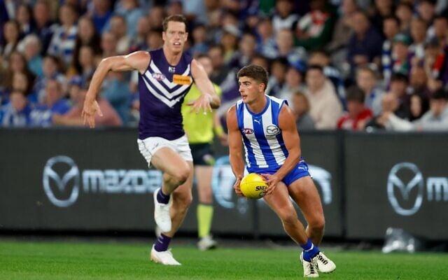 Harry Sheezel gaining possession for the Kangaroos against the Dockers last Saturday afternoon.
Photo: Dylan Burns/AFL Photos Harry Sheezel gaining possession for the Kangaroos against the Dockers last Saturday afternoon.
Photo: Dylan Burns/AFL Photos
