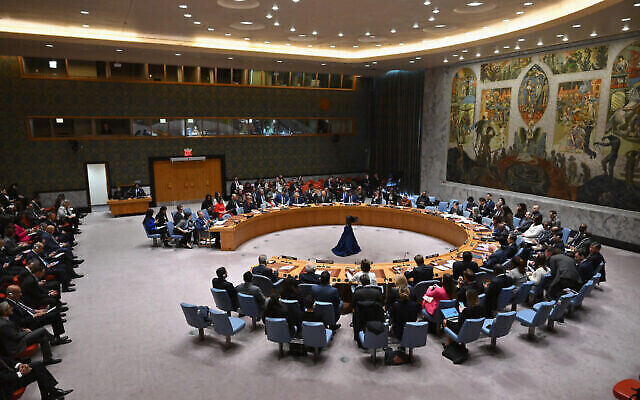 The United Nations Security Council meets on the situation in the Middle East at the UN headquarters in New York on March 25, 2024. (The Times of Israel: Angela Weiss/AFP) The United Nations Security Council meets on the situation in the Middle East at the UN headquarters in New York on March 25, 2024. (The Times of Israel: Angela Weiss/AFP)