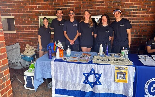 AUJS shaliach Tobias Siegal (2nd from left) with Jewish students at the AUJS stall at Curtin University in Perth, February 2024. AUJS shaliach Tobias Siegal (2nd from left) with Jewish students at the AUJS stall at Curtin University in Perth, February 2024.