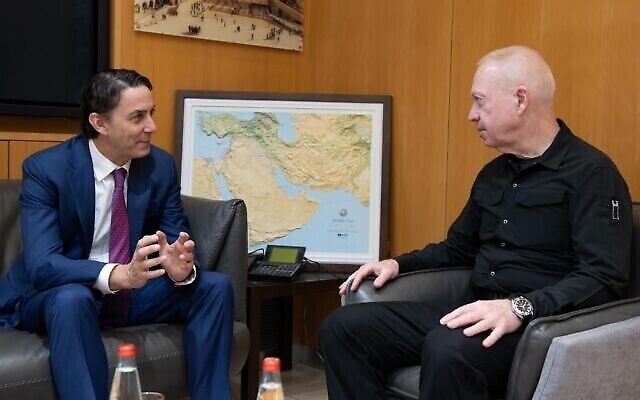 US envoy Amos Hochstein, left, meets with Defense Minister Yoav Gallant in Tel Aviv on March 5, 2024. (The Times of Israel: Shachar Yurman/Defense Ministry) US envoy Amos Hochstein, left, meets with Defense Minister Yoav Gallant in Tel Aviv on March 5, 2024. (The Times of Israel: Shachar Yurman/Defense Ministry)
