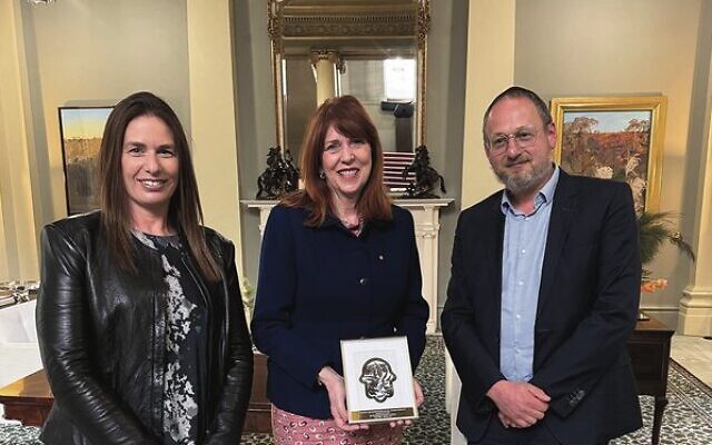 From left: Rachel Mihalovich, Professor Margaret Gardner, Rabbi Moshe Kahn. From left: Rachel Mihalovich, Professor Margaret Gardner, Rabbi Moshe Kahn.