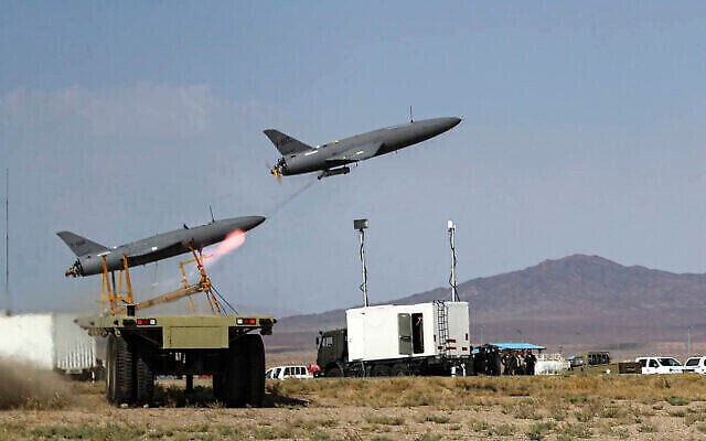 File: In this photo released by the Iranian army on Tuesday, Oct. 3, 2023, drones are launched during the air force nationwide drone drill centered in northern Semnan province, Iran. (The Times of Israel: Iranian Army via AP) File: In this photo released by the Iranian army on Tuesday, Oct. 3, 2023, drones are launched during the air force nationwide drone drill centered in northern Semnan province, Iran. (The Times of Israel: Iranian Army via AP)
