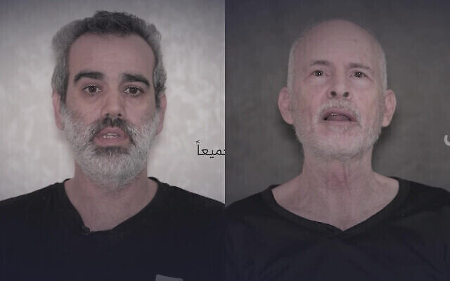 Hostages Keith Siegel (right) and Omri Miran are seen in a Hamas propaganda video aired April 27, 2024. (The Times of Israel: Screenshot: Telegram) Hostages Keith Siegel (right) and Omri Miran are seen in a Hamas propaganda video aired April 27, 2024. (The Times of Israel: Screenshot: Telegram)