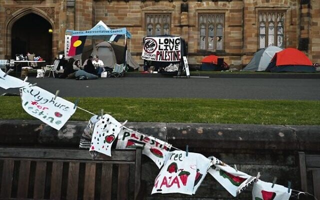 The Pro-Palestine encampment in front of the main entrance of the University of Sydney. Photo: AAP Image/Dean Lewins The Pro-Palestine encampment in front of the main entrance of the University of Sydney. Photo: AAP Image/Dean Lewins