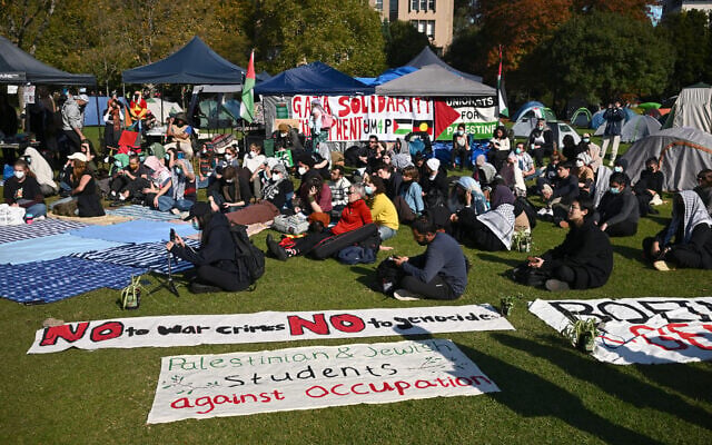 Members of a Pro-Palestine encampment at the University of Melbourne, Melbourne, Thursday, May 2, 2024. Photo: AAP Image/Joel Carrett Members of a Pro-Palestine encampment at the University of Melbourne, Melbourne, Thursday, May 2, 2024. Photo: AAP Image/Joel Carrett