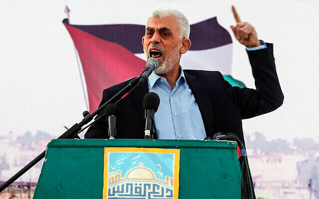 File - Hamas leader in the Gaza Strip Yahya Sinwar speaks during a rally marking Al-Quds (Jerusalem) Day, in Gaza City, April 14, 2023. (The Times of Israel: Mohammed Abed / AFP) File - Hamas leader in the Gaza Strip Yahya Sinwar speaks during a rally marking Al-Quds (Jerusalem) Day, in Gaza City, April 14, 2023. (The Times of Israel: Mohammed Abed / AFP)