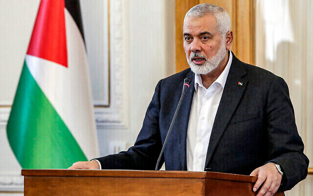 Ismail Haniyeh, the Doha-based political bureau chief of Hamas, speaks to the press after a meeting with the Iranian foreign minister in Tehran on March 26, 2024. (The Times of Israel: AFP) Ismail Haniyeh, the Doha-based political bureau chief of Hamas, speaks to the press after a meeting with the Iranian foreign minister in Tehran on March 26, 2024. (The Times of Israel: AFP)