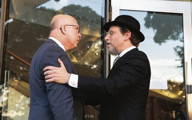 Peter Dutton (left) being welcomed to Sydney's Central Synagogue by Rabbi Levi Wolff. Photo: Nadine Saacks Peter Dutton (left) being welcomed to Sydney's Central Synagogue by Rabbi Levi Wolff. Photo: Nadine Saacks