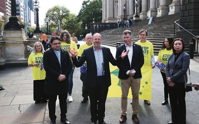 Stop the Hate Mate rally organisers (from left) Rev John Smith, Rabbi Moshe Kahn, Rev Mark Leach and Jasmine Yuen get together on the steps of Victorian Parliament House ahead of the rally this Sunday. Photo: Peter Haskin Stop the Hate Mate rally organisers (from left) Rev John Smith, Rabbi Moshe Kahn, Rev Mark Leach and Jasmine Yuen get together on the steps of Victorian Parliament House ahead of the rally this Sunday. Photo: Peter Haskin