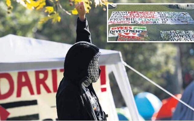 A Pro-Palestinian protester at the University of Melbourne, and inset: signage with “from the river to the sea”.
Photos: Peter Haskin A Pro-Palestinian protester at the University of Melbourne, and inset: signage with “from the river to the sea”.
Photos: Peter Haskin