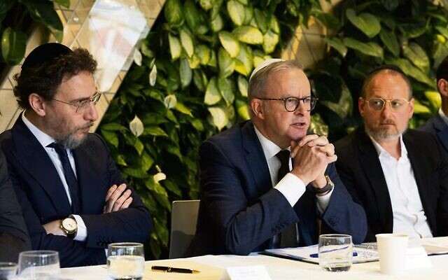 From left: Rabbi Levi Wolff, Prime Minister Anthony Albanese, Rabbi Moshe Kahn. Photo: Nadine Saacks From left: Rabbi Levi Wolff, Prime Minister Anthony Albanese, Rabbi Moshe Kahn. Photo: Nadine Saacks