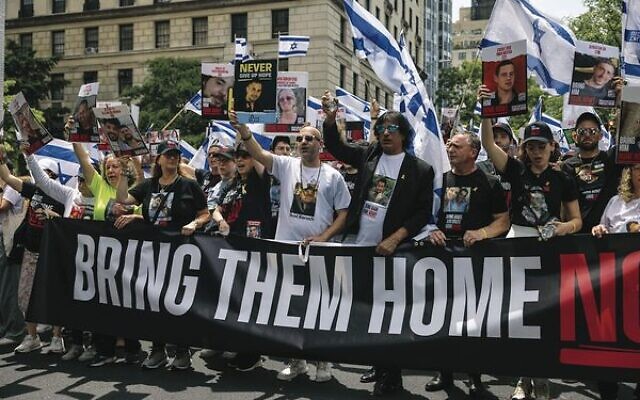 Family members of hostages march during the annual Israel Day Parade. Photo: AP Photo/Yuki Iwamura Family members of hostages march during the annual Israel Day Parade. Photo: AP Photo/Yuki Iwamura