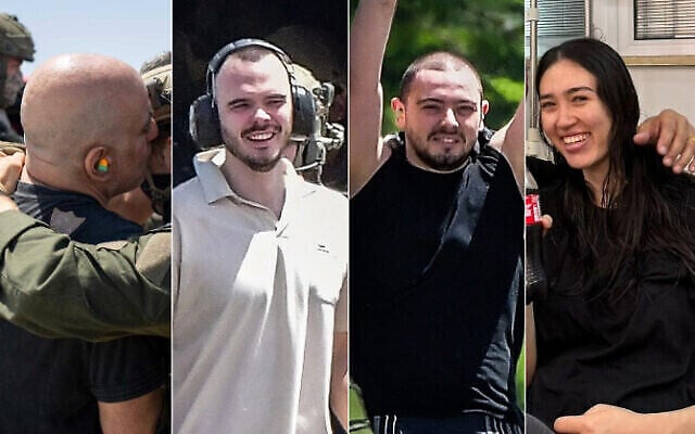 Israeli hostages pictured after their rescue from Hamas captivity in Gaza on June 8, 2024. From left: Shlomi Ziv (IDF); Andrey Kozlov and Almog Meir Jan (Avshalom Sassoni/Flash90), and Noa Argamani (The Times of Israel: Courtesy) Israeli hostages pictured after their rescue from Hamas captivity in Gaza on June 8, 2024. From left: Shlomi Ziv (IDF); Andrey Kozlov and Almog Meir Jan (Avshalom Sassoni/Flash90), and Noa Argamani (The Times of Israel: Courtesy)
