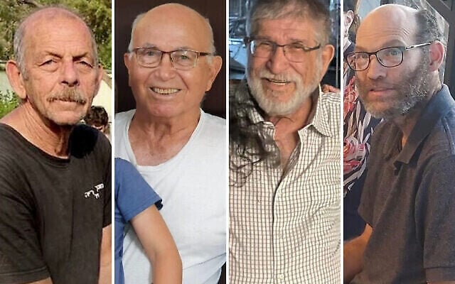 Chaim Peri, Amiram Cooper, Yoram Metzger and Nadav Popplewell (from L to R), whose deaths in Hamas captivity were confirmed by Israel on June 3, 2024. (The Times of Israel: Courtesy) Chaim Peri, Amiram Cooper, Yoram Metzger and Nadav Popplewell (from L to R), whose deaths in Hamas captivity were confirmed by Israel on June 3, 2024. (The Times of Israel: Courtesy)