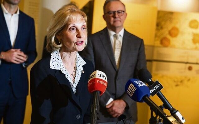 Jillian Segal addresses the media after being announced as Australia's special envoy to combat antisemitism, as Prime Minister Anthony Albanese looks on, at the Sydney Jewish Museum. Photo: Giselle Haber Jillian Segal addresses the media after being announced as Australia's special envoy to combat antisemitism, as Prime Minister Anthony Albanese looks on, at the Sydney Jewish Museum. Photo: Giselle Haber