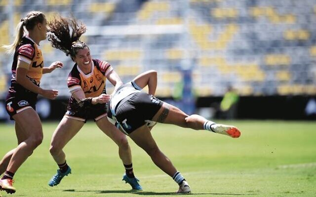 Brisbane Broncos winger Ashleigh Werner tackling a Cronulla Sharks opponent in her debut 2023 NRLW season last year. Photo: NRL Imagery Brisbane Broncos winger Ashleigh Werner tackling a Cronulla Sharks opponent in her debut 2023 NRLW season last year. Photo: NRL Imagery