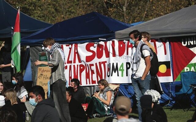 The pro-Palestinan/Anti-Israel encampment at the University of Melbourne.
Photo: Peter Haskin The pro-Palestinan/Anti-Israel encampment at the University of Melbourne.
Photo: Peter Haskin
