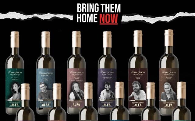 Bottles of the Wines of Hope line created for hostages held in Gaza by Wine on the Vine, in March 2024 (The Times of Israel: Courtesy) Bottles of the Wines of Hope line created for hostages held in Gaza by Wine on the Vine, in March 2024 (The Times of Israel: Courtesy)