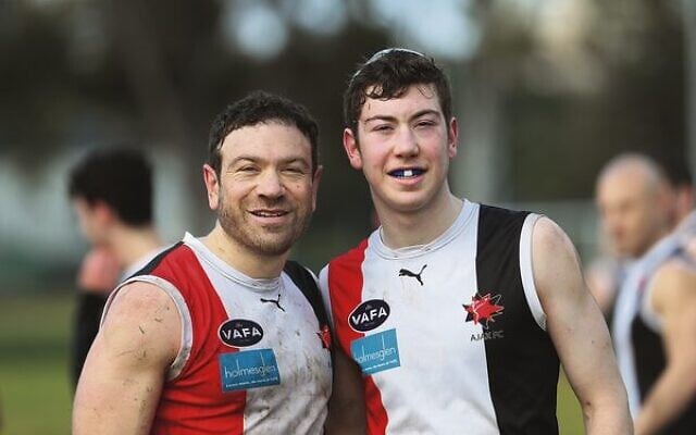 Father and son, Yehuda (left) and Gavi Gottlieb played for AJAX Sundays against Wesley Collegians.
Photo: Peter Haskin Father and son, Yehuda (left) and Gavi Gottlieb played for AJAX Sundays against Wesley Collegians.
Photo: Peter Haskin
