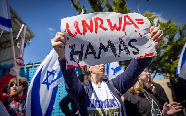 Activists protest against United Nations Relief and Works Agency for Palestine Refugees (UNRWA) outside their offices in Jerusalem, March 20, 2024. (The Times of Israel: Yonatan Sindel/ Flash90) Activists protest against United Nations Relief and Works Agency for Palestine Refugees (UNRWA) outside their offices in Jerusalem, March 20, 2024. (The Times of Israel: Yonatan Sindel/ Flash90)