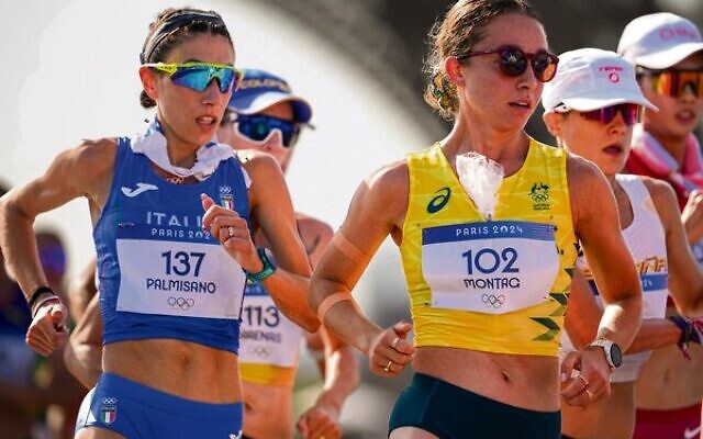 Jemima Montag (right) in action in the Olympic women's 20km race walk on August 1. Photo: AP Photo/Vadim Ghirda, via JTA Jemima Montag (right) in action in the Olympic women's 20km race walk on August 1. Photo: AP Photo/Vadim Ghirda, via JTA