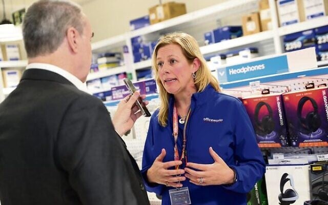 AJN journalist Bruce Hill and Officeworks managing director Sarah Hunter. Photo: Peter Haskin AJN journalist Bruce Hill and Officeworks managing director Sarah Hunter. Photo: Peter Haskin
