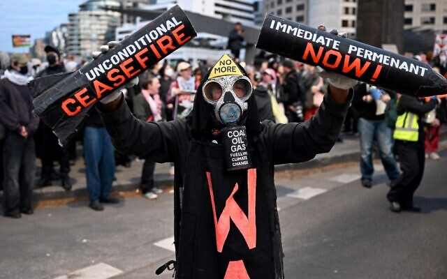 Anti-Israel protesters gather outside the Land Forces 2024 arms fair in Melbourne on September 11, 2024. (The Times of Israel: William West/AFP) Anti-Israel protesters gather outside the Land Forces 2024 arms fair in Melbourne on September 11, 2024. (The Times of Israel: William West/AFP)