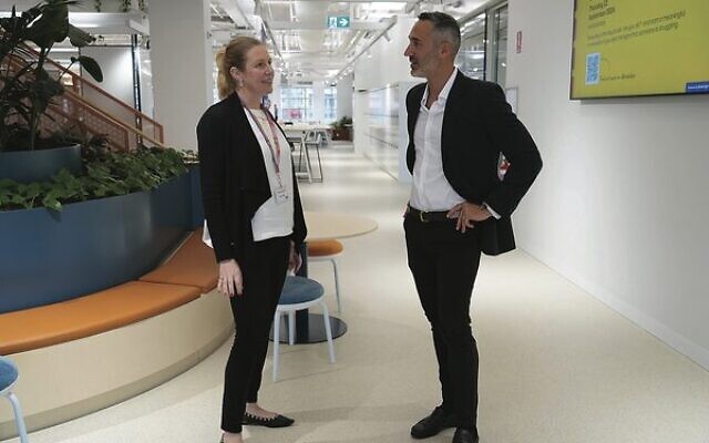 Officeworks Managing Director Sarah Hunter with ECAJ co-CEO Alex Ryvchin. Officeworks Managing Director Sarah Hunter with ECAJ co-CEO Alex Ryvchin.