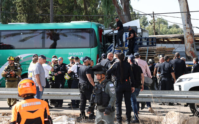 Emergency services at the scene of a suspected truck ramming attack in Glilot, north of Tel Aviv on October 27, 2024 (The Times of Israel: Jack GUEZ / AFP) Emergency services at the scene of a suspected truck ramming attack in Glilot, north of Tel Aviv on October 27, 2024 (The Times of Israel: Jack GUEZ / AFP)