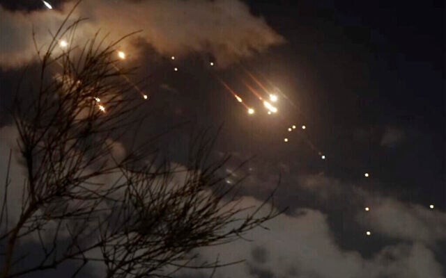 Image taken from video shows missiles fired from Iran being intercepted over Jerusalem, Oct. 1, 2024. (The Times of Israel: AP) Image taken from video shows missiles fired from Iran being intercepted over Jerusalem, Oct. 1, 2024. (The Times of Israel: AP)