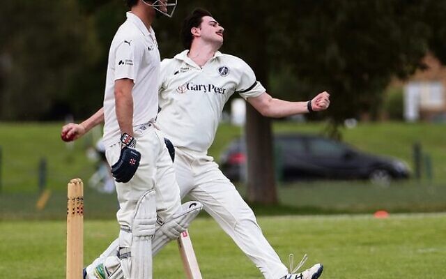 MACC First XI captain Bailey Melzak bowling in the one-wicket win over Old Melburnians last Sunday. Photo: Peter Haskin. MACC First XI captain Bailey Melzak bowling in the one-wicket win over Old Melburnians last Sunday. Photo: Peter Haskin.