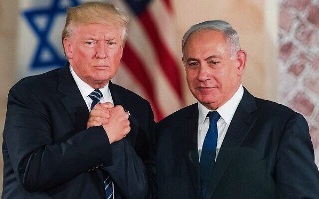 Then US President Donald Trump and Prime Minister Benjamin Netanyahu shake hands at the Israel Museum in Jerusalem on May 23, 2017. Photo: Yonatan Sindel/Flash90, Times of Israel. Then US President Donald Trump and Prime Minister Benjamin Netanyahu shake hands at the Israel Museum in Jerusalem on May 23, 2017. Photo: Yonatan Sindel/Flash90, Times of Israel.