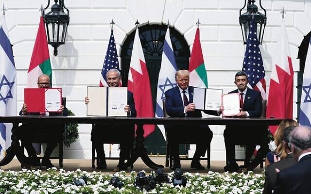 From left: Bahrain Foreign Minister Khalid bin Ahmed Al Khalifa, Israeli Prime Minister Benjamin Netanyahu, then-US president Donald Trump and UAE Foreign Minister Abdullah bin Zayed al-Nahyan sign the Abraham Accords at the White House in September, 2020. Photo: AP Photo/Alex Brandon, File From left: Bahrain Foreign Minister Khalid bin Ahmed Al Khalifa, Israeli Prime Minister Benjamin Netanyahu, then-US president Donald Trump and UAE Foreign Minister Abdullah bin Zayed al-Nahyan sign the Abraham Accords at the White House in September, 2020. Photo: AP Photo/Alex Brandon, File