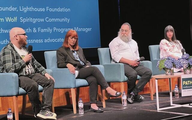 The panel (from left): Russell Kaye, youth homelessness advocate; Susan Barton, founder of the Lighthouse Foundation; Rabbi Menachem Wolf, Spiritgrow; and Dassi Erlich. The panel (from left): Russell Kaye, youth homelessness advocate; Susan Barton, founder of the Lighthouse Foundation; Rabbi Menachem Wolf, Spiritgrow; and Dassi Erlich.