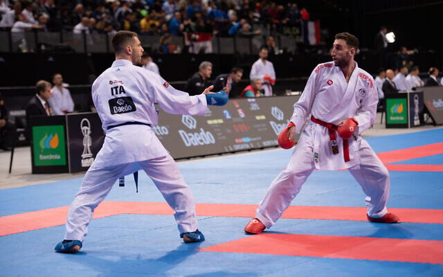 Yonatan Freund (right) during his win over an Italian opponent at the 2024 Karate World Cup in Pamplona, Spain. Photo: Supplied Yonatan Freund (right) during his win over an Italian opponent at the 2024 Karate World Cup in Pamplona, Spain. Photo: Supplied