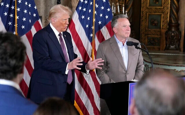 President-elect Donald Trump speaks as Steve Witkoff listens, during a news conference at Mar-a-Lago, January 7, 2024, in Palm Beach, Florida. (The Times of Israel: AP Photo/ Evan Vucci) President-elect Donald Trump speaks as Steve Witkoff listens, during a news conference at Mar-a-Lago, January 7, 2024, in Palm Beach, Florida. (The Times of Israel: AP Photo/ Evan Vucci)