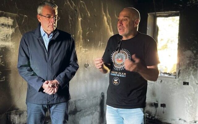 Attorney-General Mark Dreyfus visits Kibbutz Be'eri with survivor Danny Majzner.Photo: Supplied. Attorney-General Mark Dreyfus visits Kibbutz Be'eri with survivor Danny Majzner.Photo: Supplied.