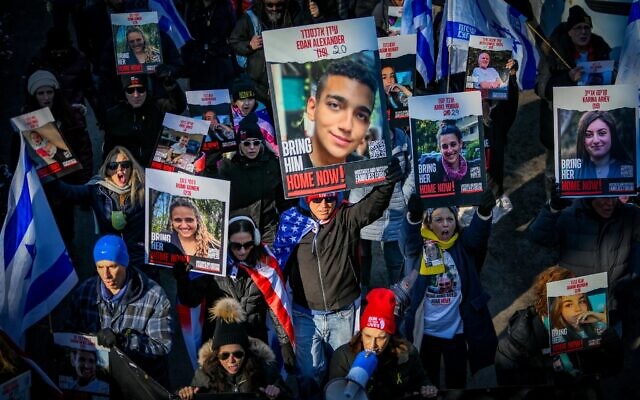People attend a rally calling for the release of Israelis held hostage by Hamas terrorists in Gaza, at Central Park in New York City, on January 12, 2025. (The Times of Israel: Arie Leib Abrams/Flash90) People attend a rally calling for the release of Israelis held hostage by Hamas terrorists in Gaza, at Central Park in New York City, on January 12, 2025. (The Times of Israel: Arie Leib Abrams/Flash90)