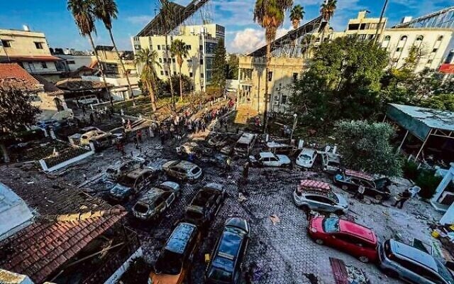 The scorched parking lot of the Al-Ahli Hospital in Gaza City after a blast that was initially blamed on Israel, but actually caused by an Islamic Jihad rocket. Photo: Courtesy via TOI The scorched parking lot of the Al-Ahli Hospital in Gaza City after a blast that was initially blamed on Israel, but actually caused by an Islamic Jihad rocket. Photo: Courtesy via TOI