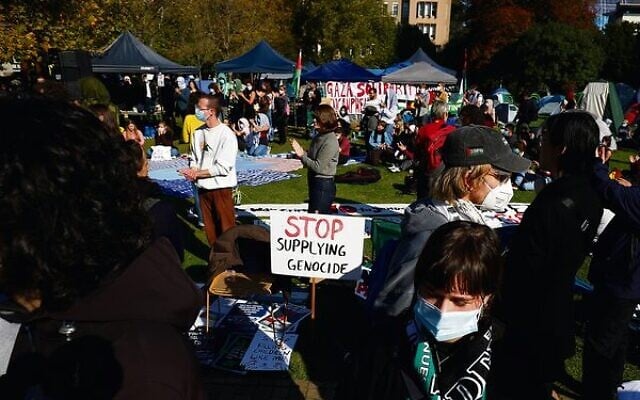An anti-Israel encampment at the University of Melbourne last May. Photo: Peter Haskin An anti-Israel encampment at the University of Melbourne last May. Photo: Peter Haskin