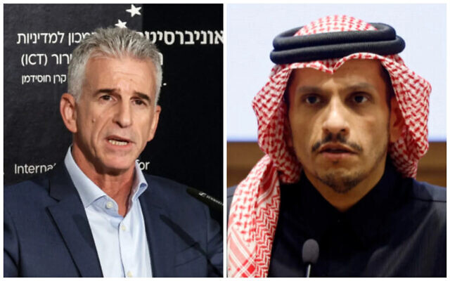 Left: Mossad director David Barnea, the head of Israel's hostage-ceasefire negotiating team. Right: Qatar's Prime Minister Sheikh Mohammed bin Abdulrahman Al-Thani. (Gil Cohen-Magen, Karim Jaafar/AFP/collage) Left: Mossad director David Barnea, the head of Israel's hostage-ceasefire negotiating team. Right: Qatar's Prime Minister Sheikh Mohammed bin Abdulrahman Al-Thani. (Gil Cohen-Magen, Karim Jaafar/AFP/collage)