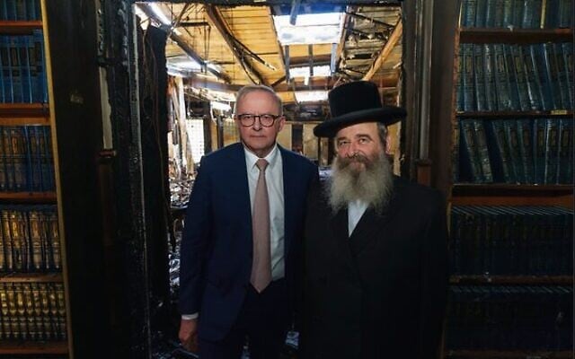 Prime Minister Anthony Albanese visits the Adass Synagogue after it was firebombed in December. Photo: X @AlboMP. Prime Minister Anthony Albanese visits the Adass Synagogue after it was firebombed in December. Photo: X @AlboMP.