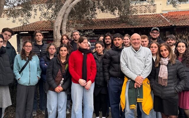 The Jewish youth leaders in Israel with October 7 survivor Danny Majzner at Kibbutz Beeri. Photo: ZFA The Jewish youth leaders in Israel with October 7 survivor Danny Majzner at Kibbutz Beeri. Photo: ZFA