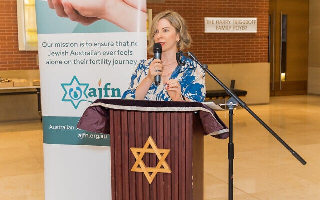 Leigh Goldberg, AJFN Peer Support Companion, talking to the crowd at the 2023 AJFN Infertility Awareness Shabbat event. Leigh Goldberg, AJFN Peer Support Companion, talking to the crowd at the 2023 AJFN Infertility Awareness Shabbat event.