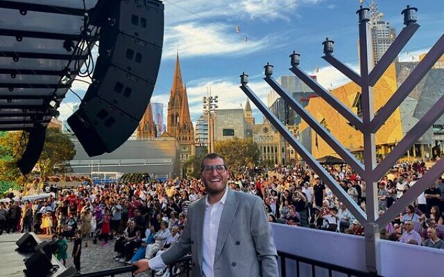 Rabbi Gabi Kaltmann at Pillars of Light at Federation Square for Chanukah. Photo: Supplied. Rabbi Gabi Kaltmann at Pillars of Light at Federation Square for Chanukah. Photo: Supplied.