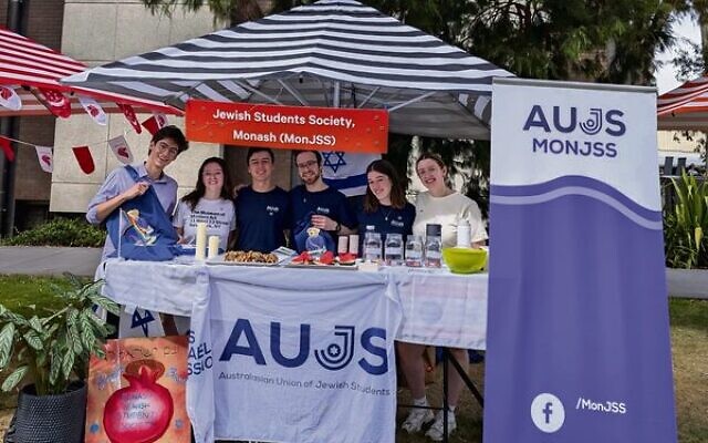 Monash Jewish Students' Society (MonJSS) leaders at their Orientation week 2025 stall (from left): David Loven, Ali King, Jeremy Suss, Ithay Rott, Eve Rosengarten, Chloe Gelb. Monash Jewish Students' Society (MonJSS) leaders at their Orientation week 2025 stall (from left): David Loven, Ali King, Jeremy Suss, Ithay Rott, Eve Rosengarten, Chloe Gelb.